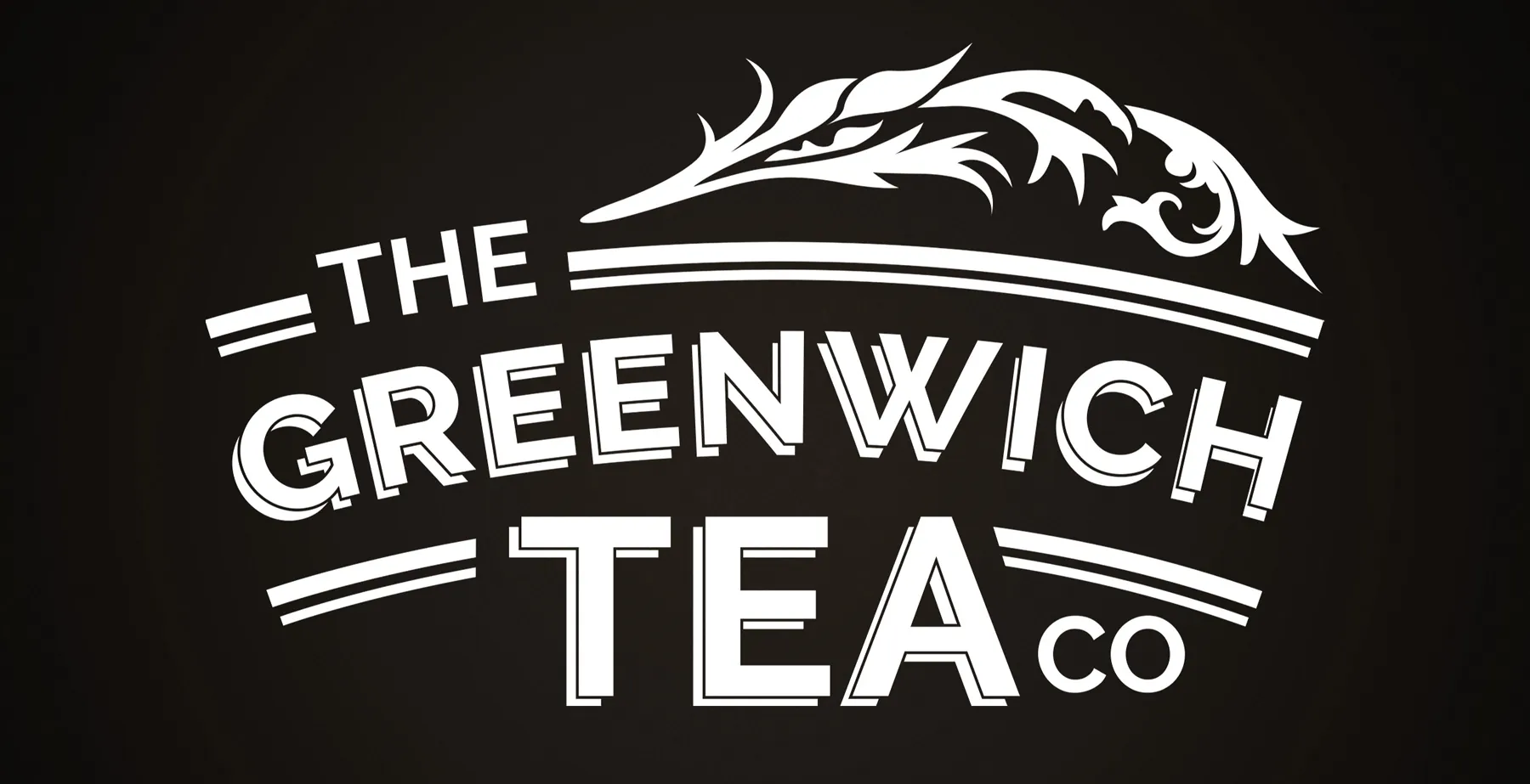 Final Greenwich Tea Co logo in white on a dark background, with a tea leaf flourish