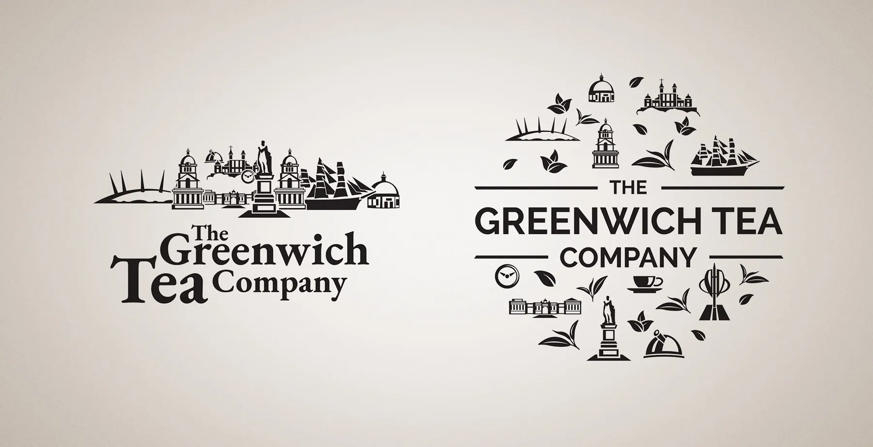 Early Greenwich Tea Company logo sketches featuring Greenwich landmarks