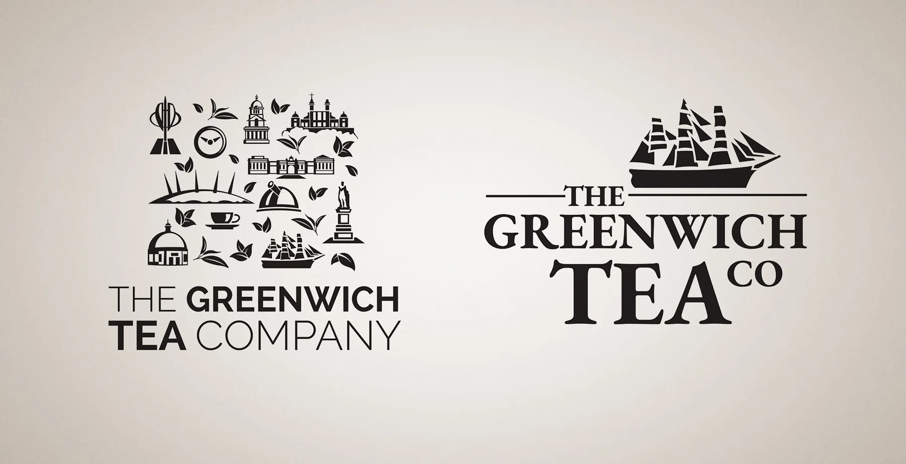 Greenwich Tea Company logo concepts with landmark icons and a tall ship