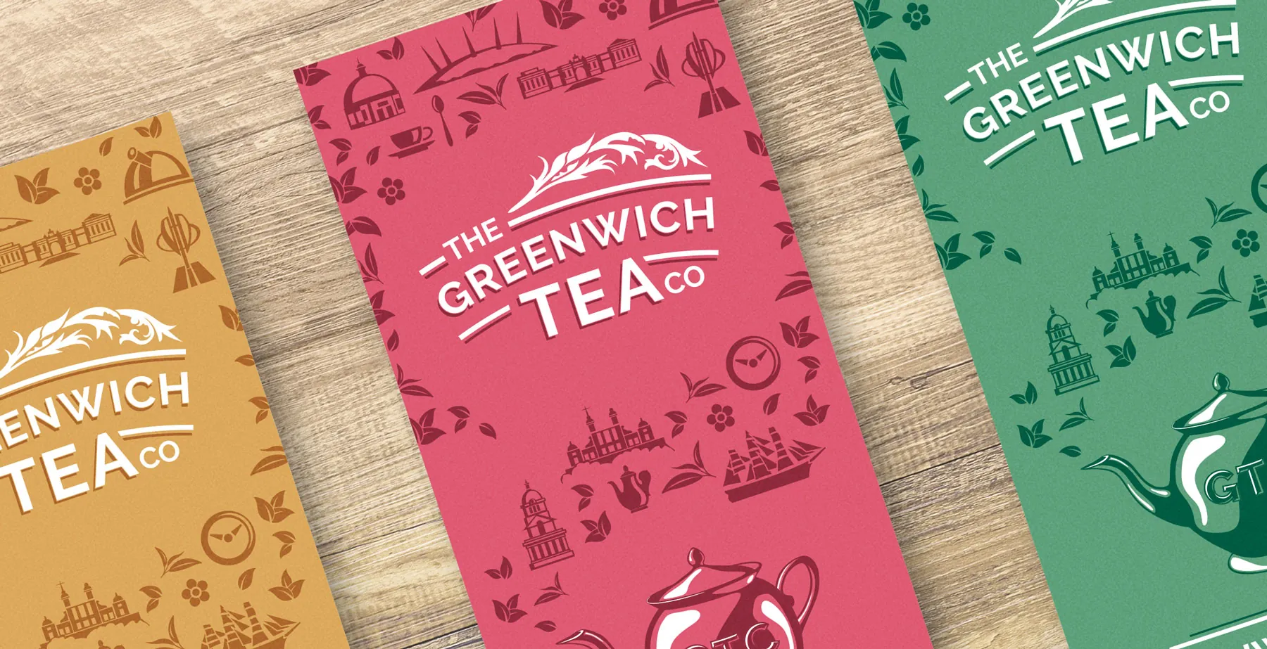 Greenwich Tea Co packaging designs in orange, pink and green with illustrated patterns