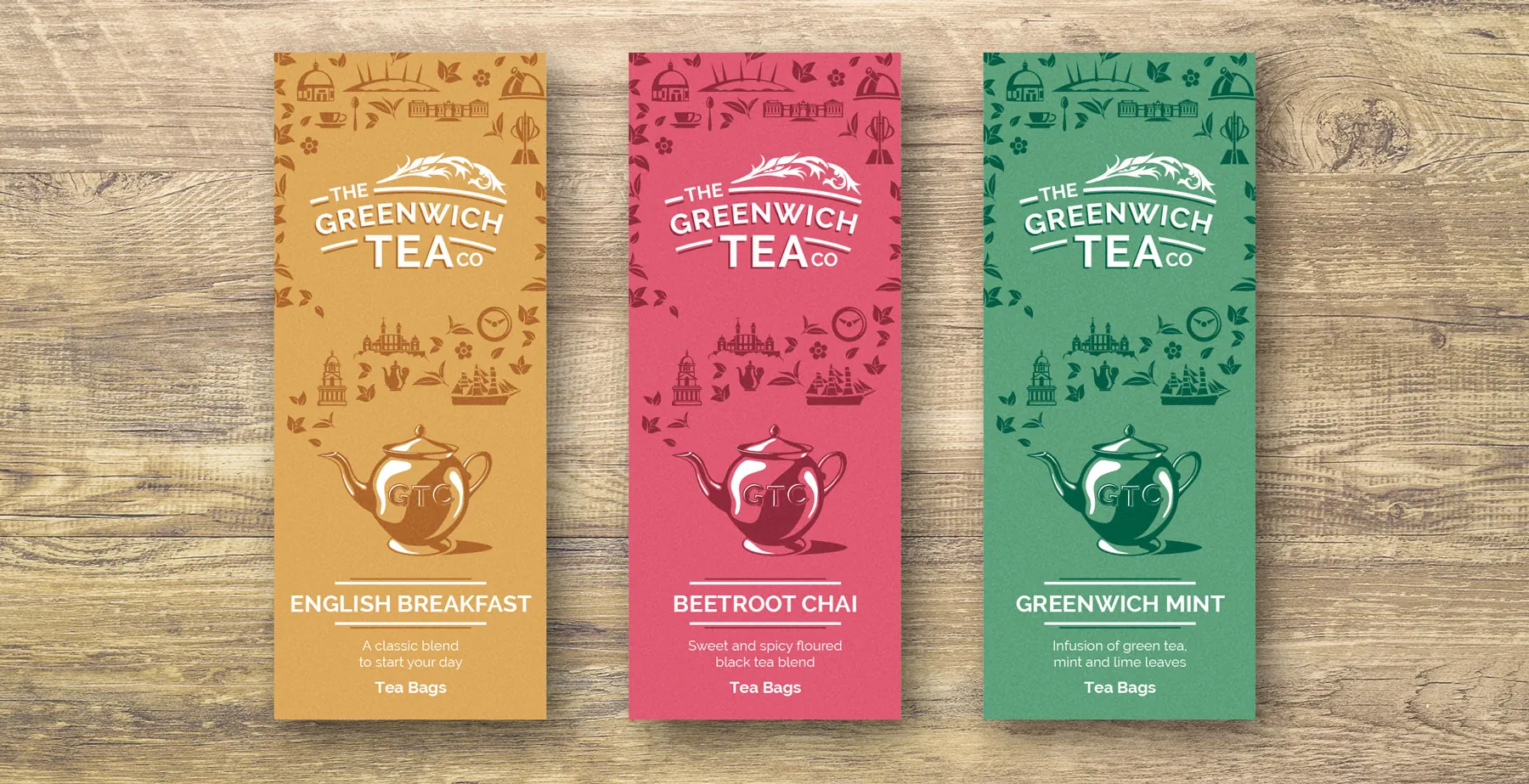 Greenwich Tea Co packs: English Breakfast, Beetroot Chai and Greenwich Mint