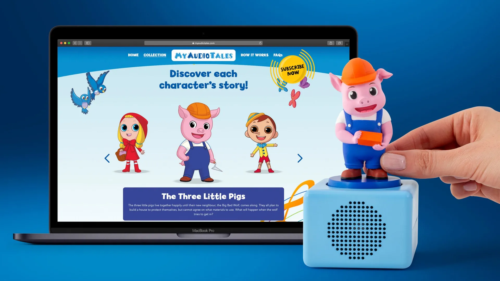My Audio Tales website on a laptop beside a hand placing a pig figure on the audio player