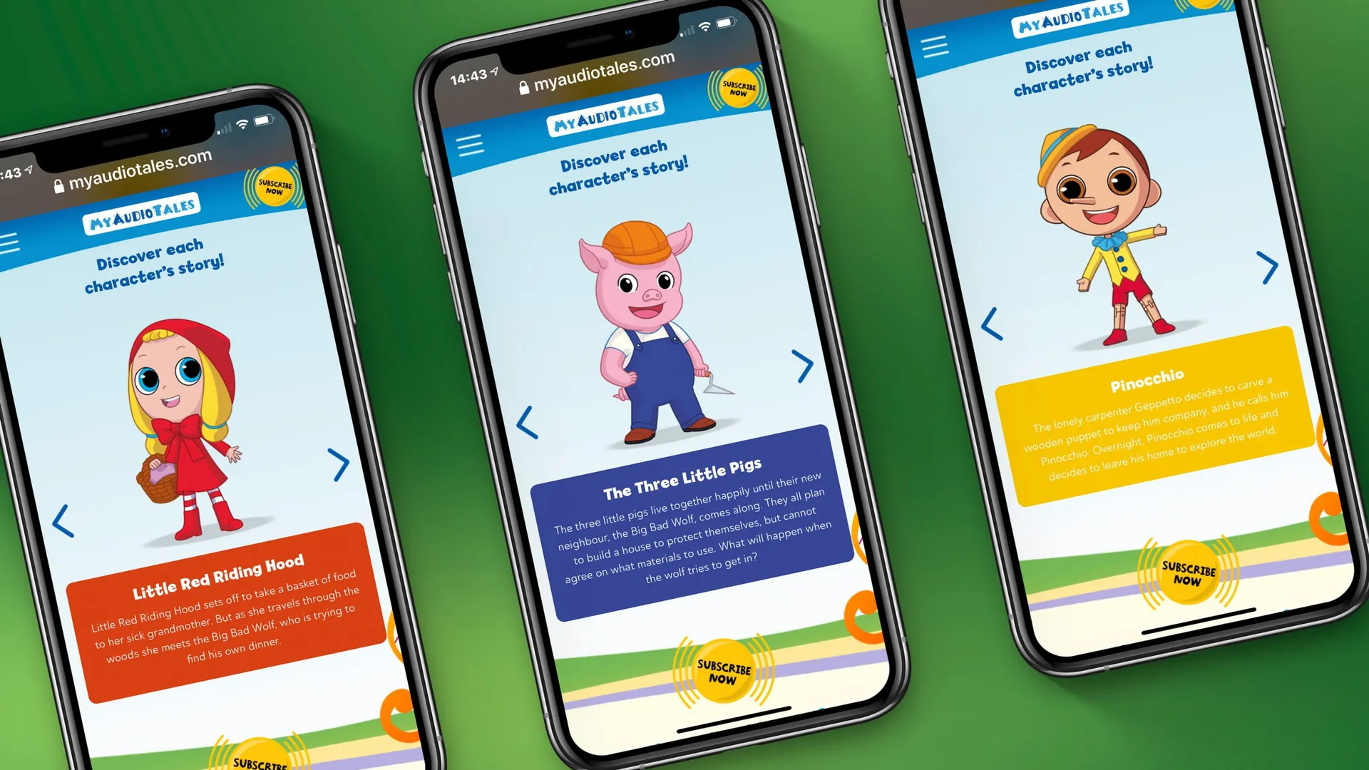 My Audio Tales character pages for Little Red Riding Hood, the Three Little Pigs and Pinocchio on mobile phones