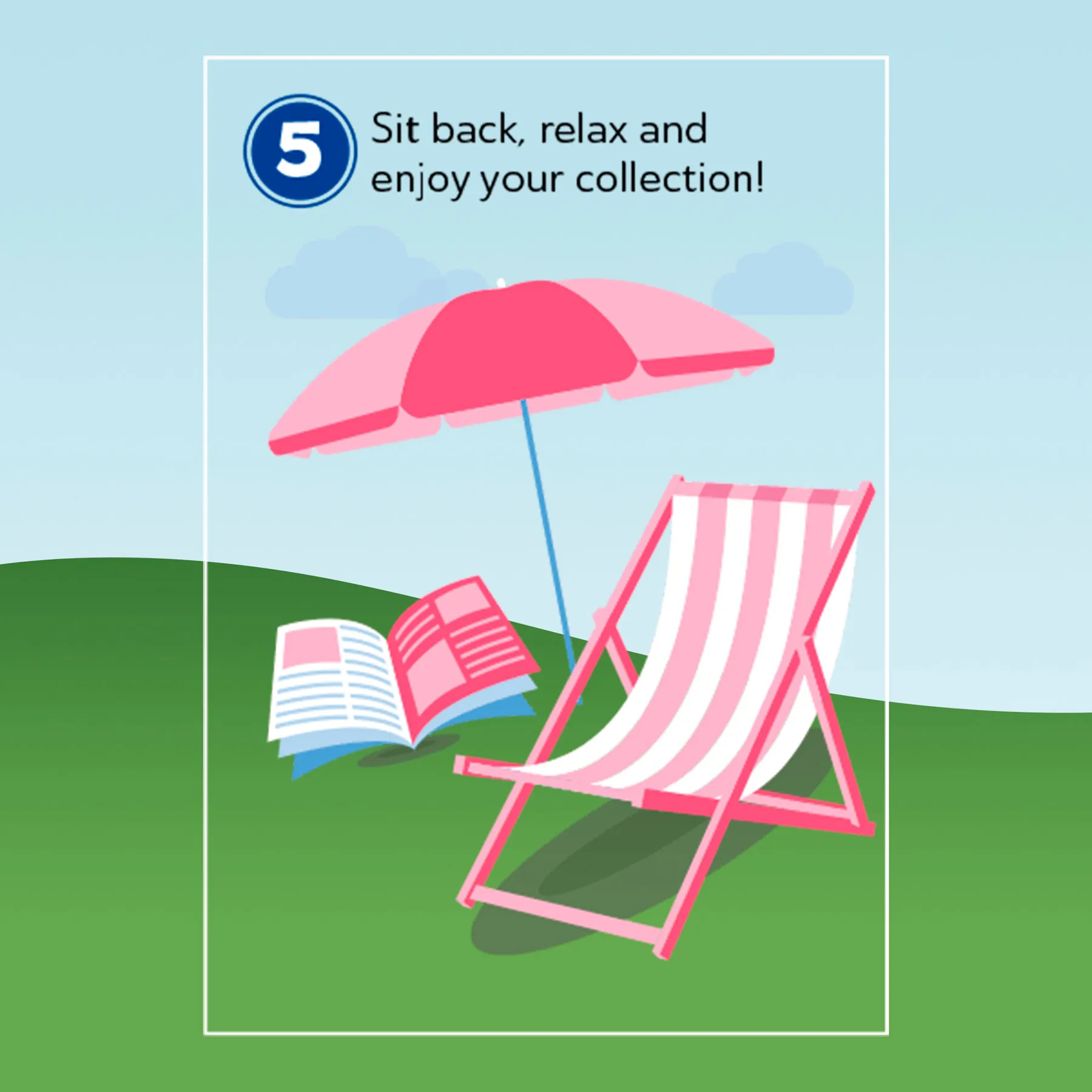 My Audio Tales illustration: step 5, sit back, relax and enjoy your collection, with a deckchair and parasol