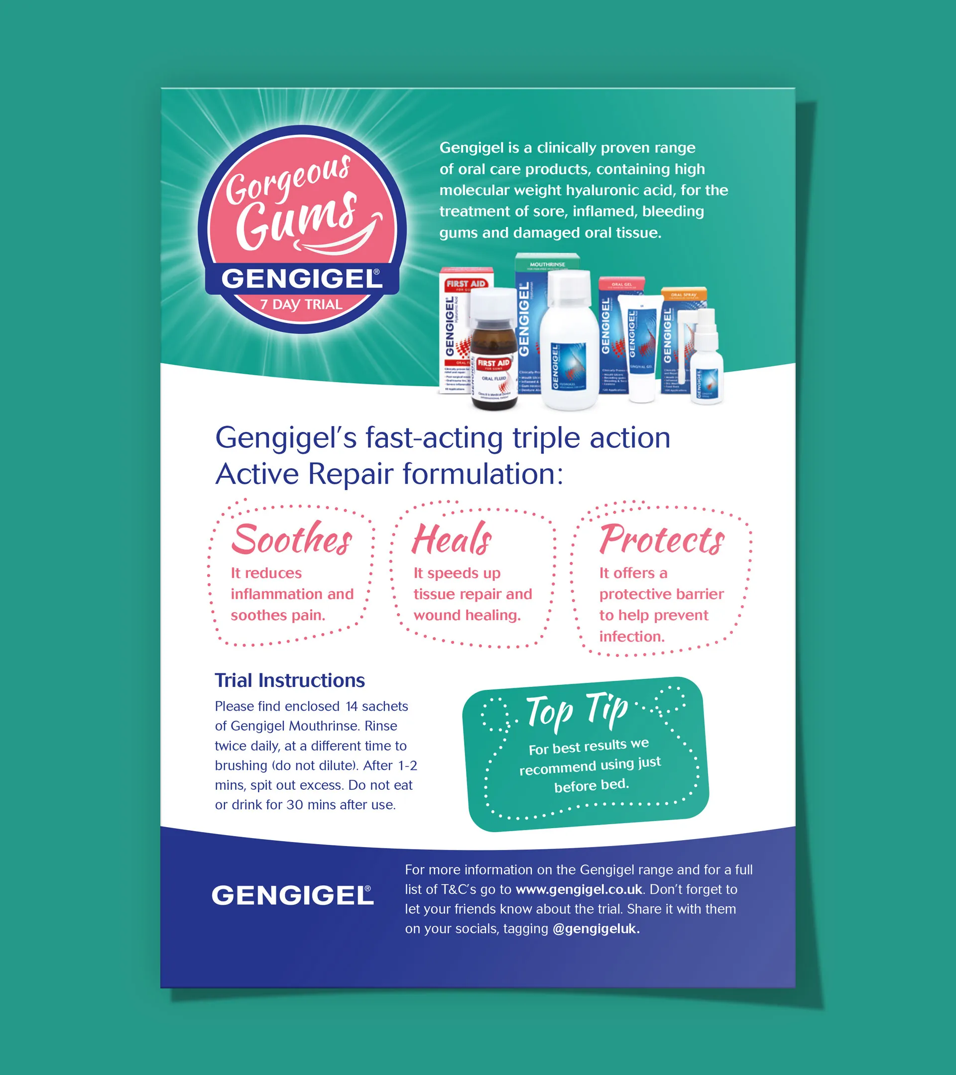 Back of the Gengigel Gorgeous Gums flyer explaining how Gengigel soothes, heals and protects