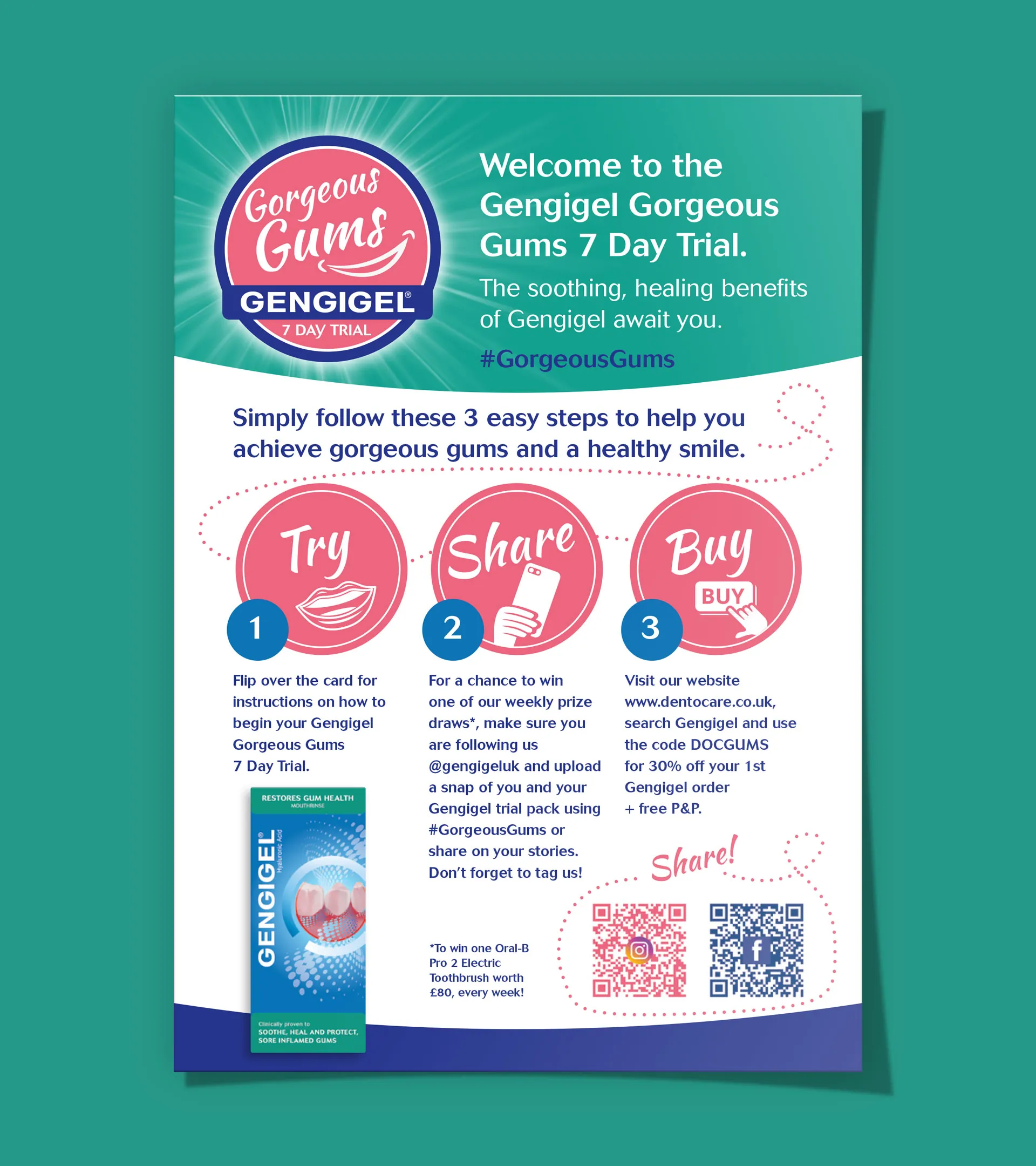 Front of the Gengigel Gorgeous Gums 7 Day Trial flyer: Try, Share, Buy