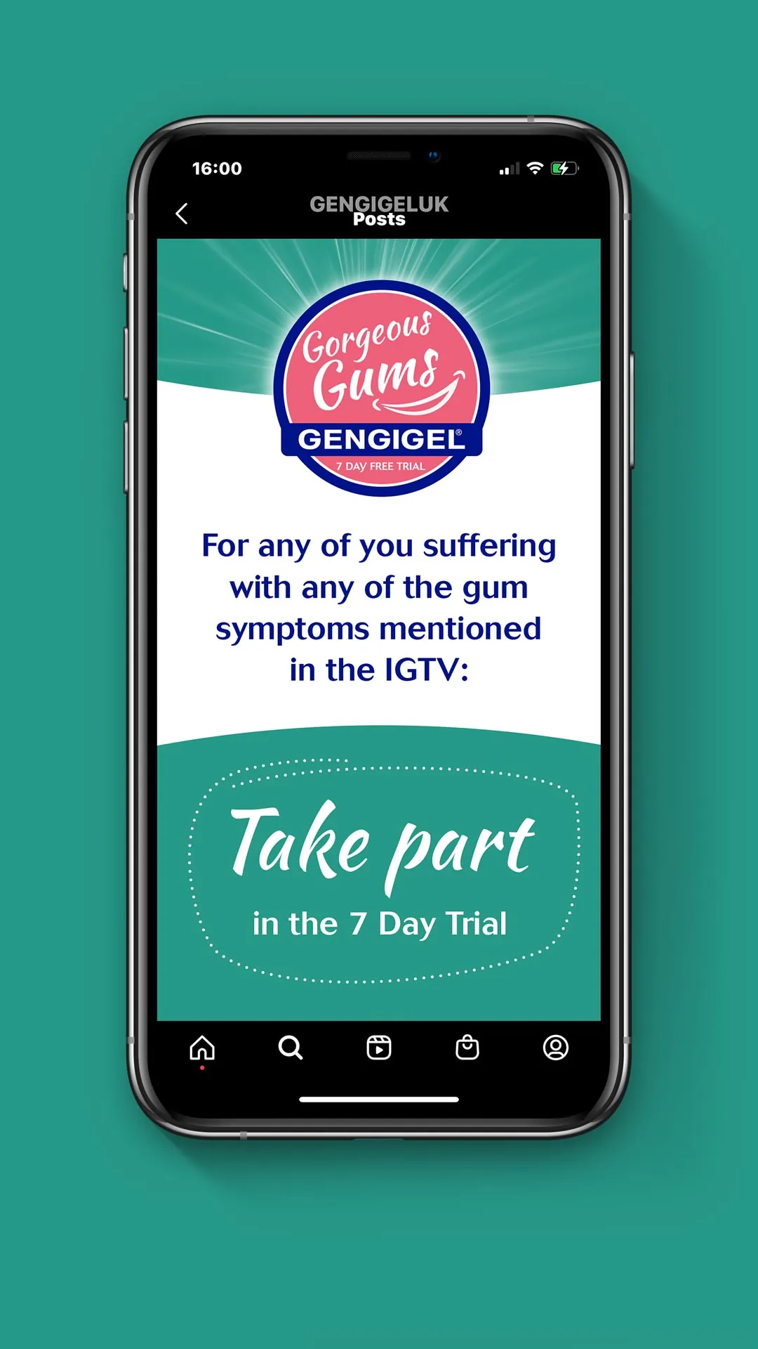 Gorgeous Gums Instagram story inviting viewers to take part in the 7 Day Trial