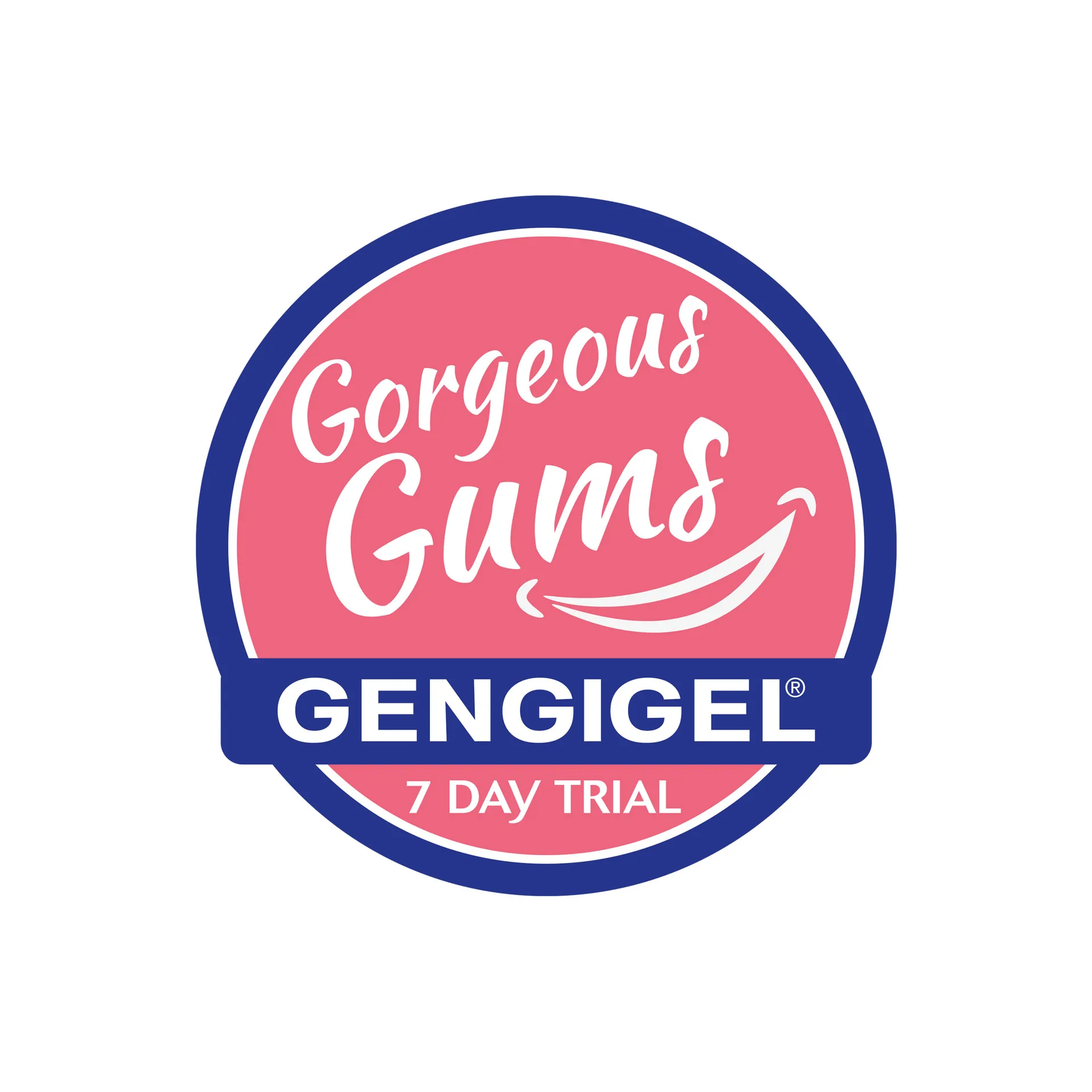 Final Gorgeous Gums logo: pink script in a blue-ringed circle with a Gengigel 7 Day Trial banner