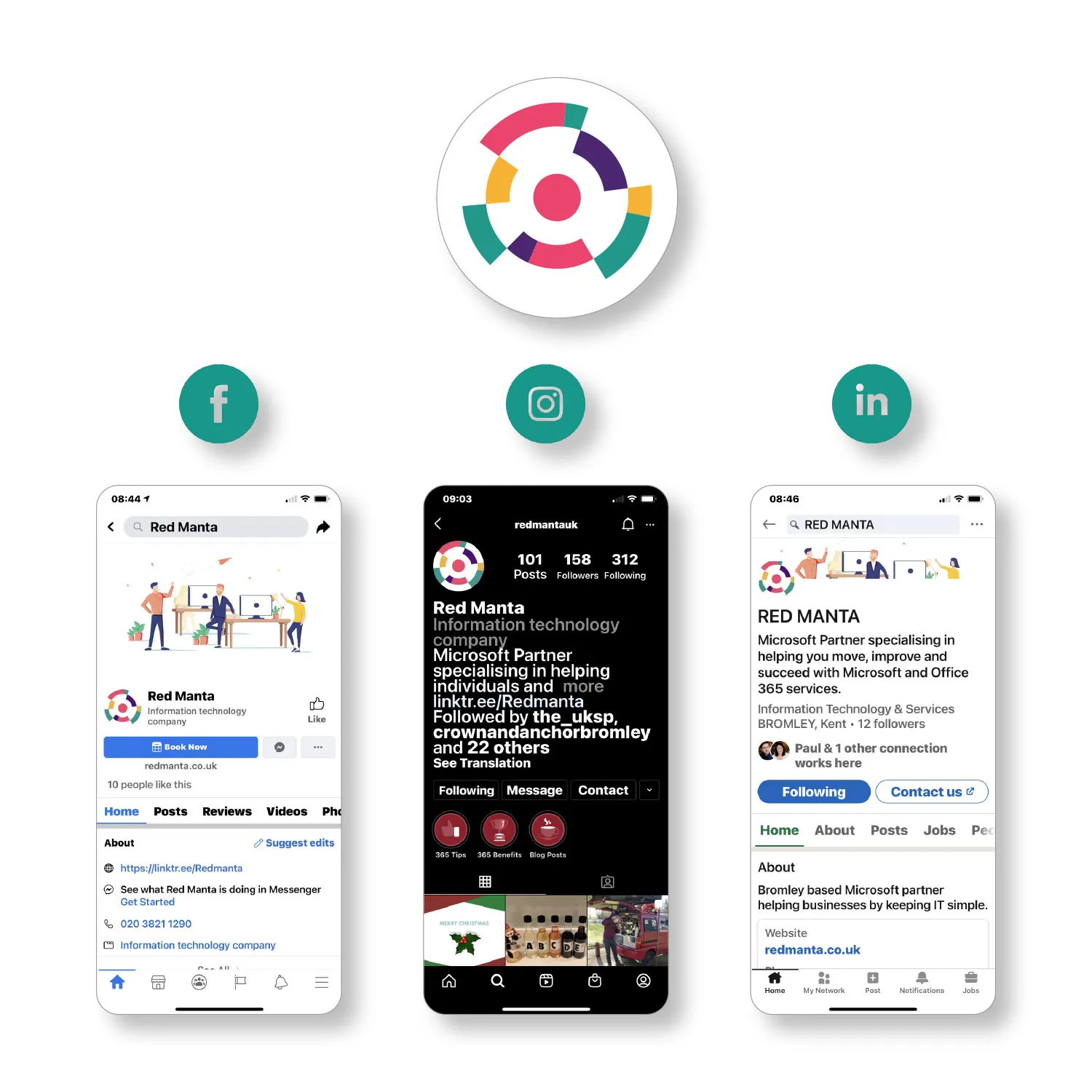 Red Manta profile icon with Facebook, Instagram and LinkedIn pages on phones