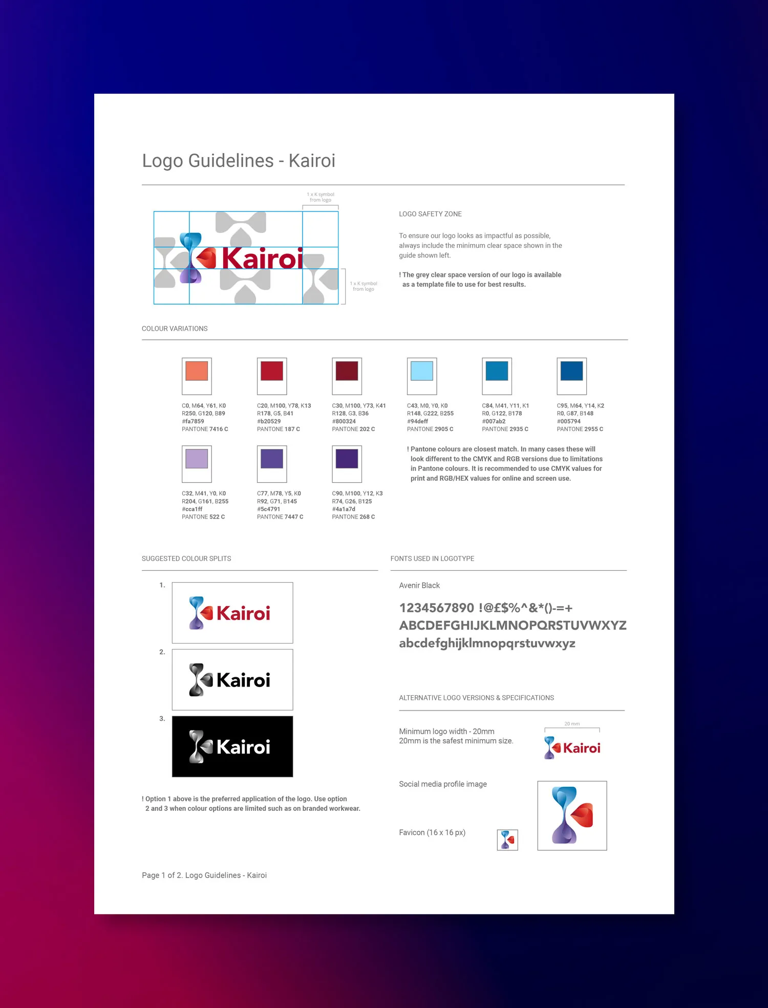 Kairoi logo guidelines page showing colours, typography and logo versions