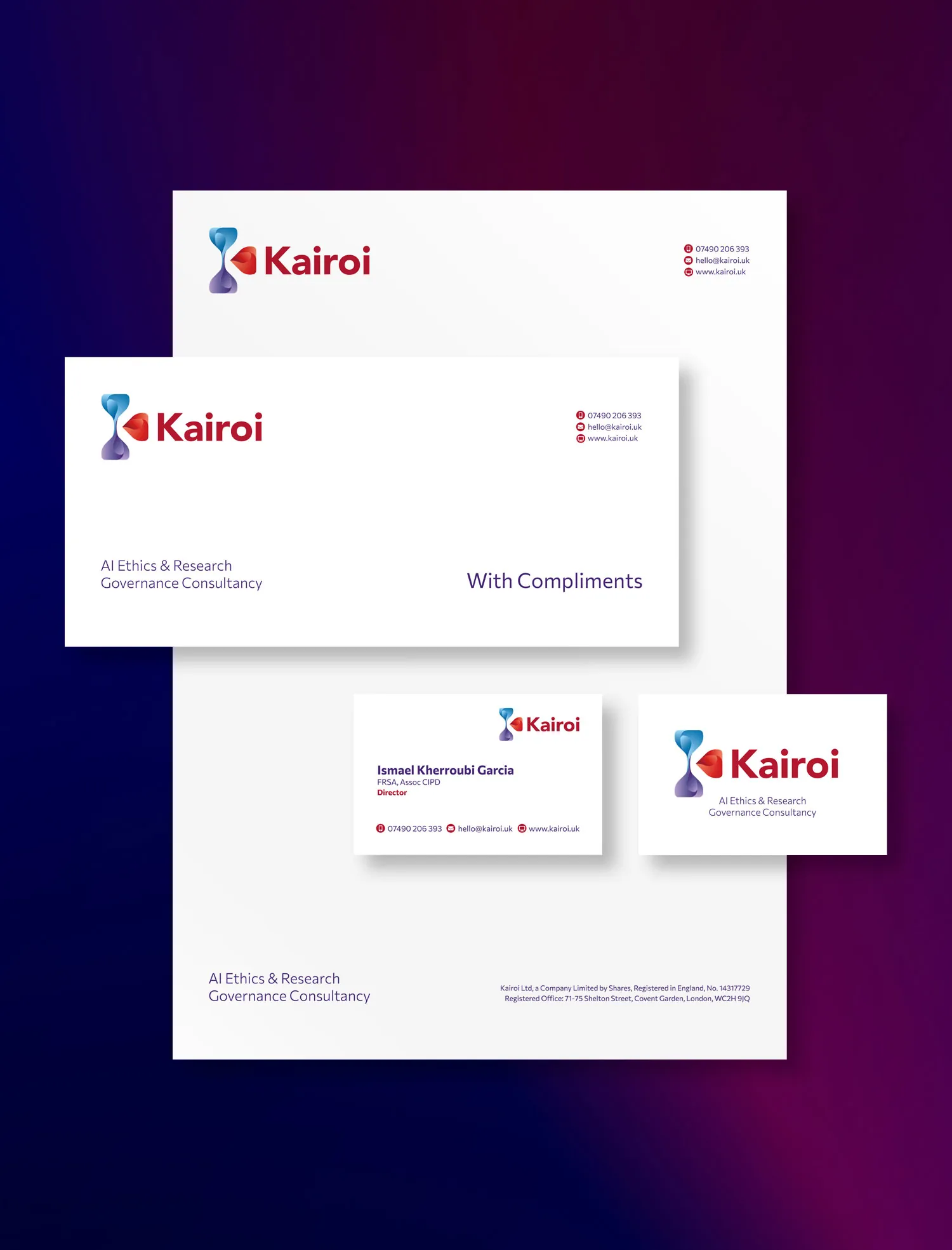 Kairoi stationery: letterhead, compliments slip and business cards