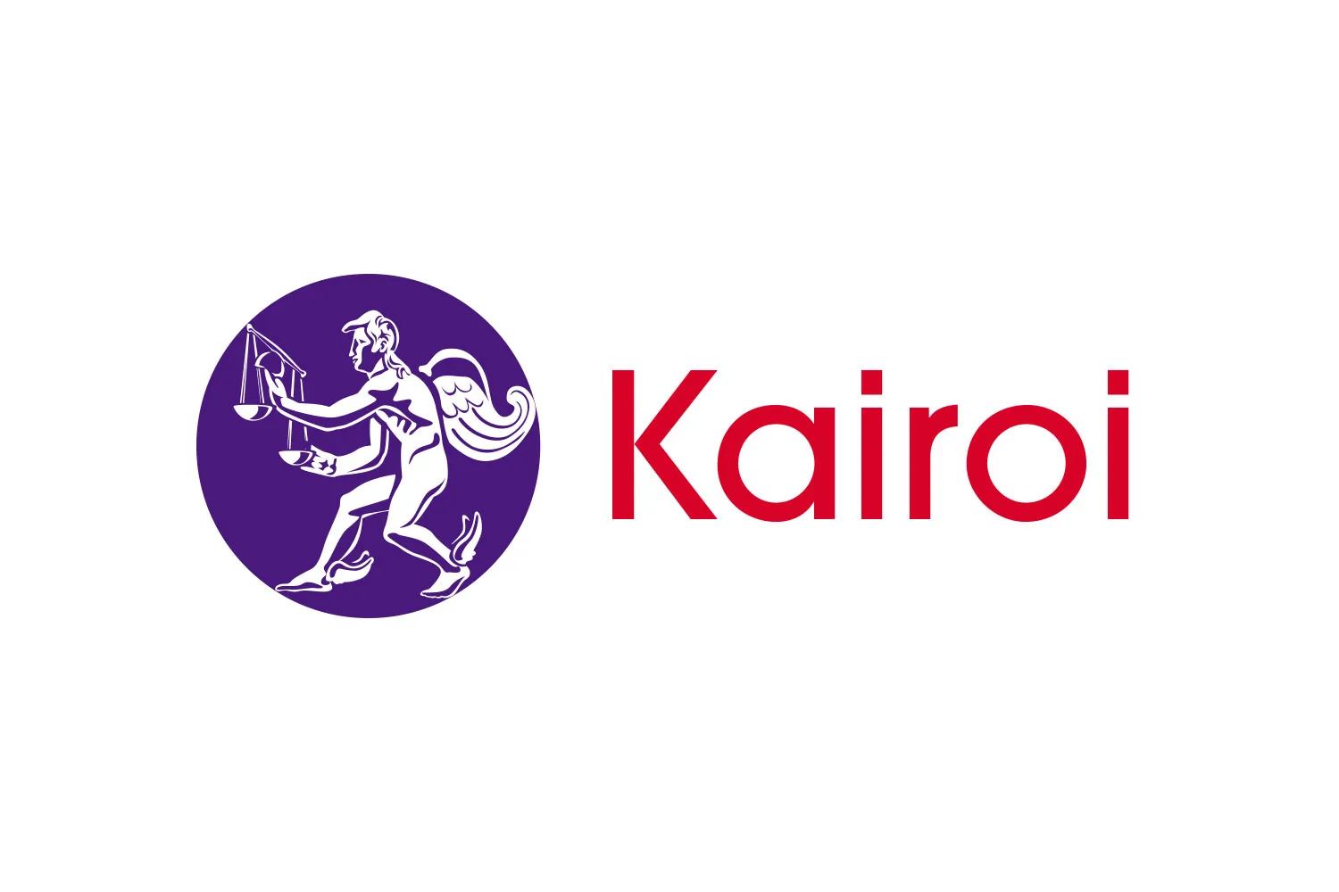 Kairoi logo concept with a figure holding scales in a purple circle