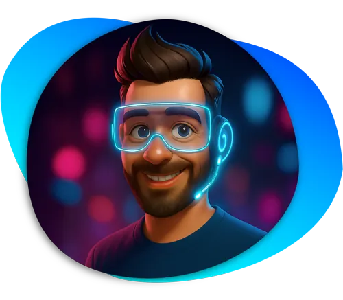 Illustrated avatar of Bradley AI, a smiling cartoon man wearing glowing glasses